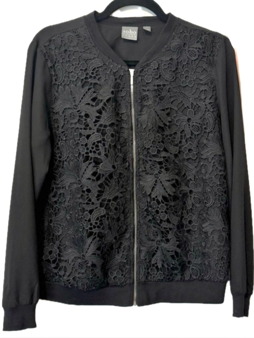 NY & Co Soho Black Lace Bomber Jacket Womens Medium Zip Front Floral Overlay